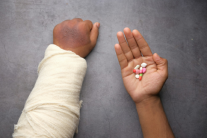 A bandaged arm with dried blood on a grey textured surface alongside a hand holding out colorful pills, highlighting what victims of personal injury go through.
