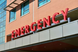 Emergency sign outside of a hospital building