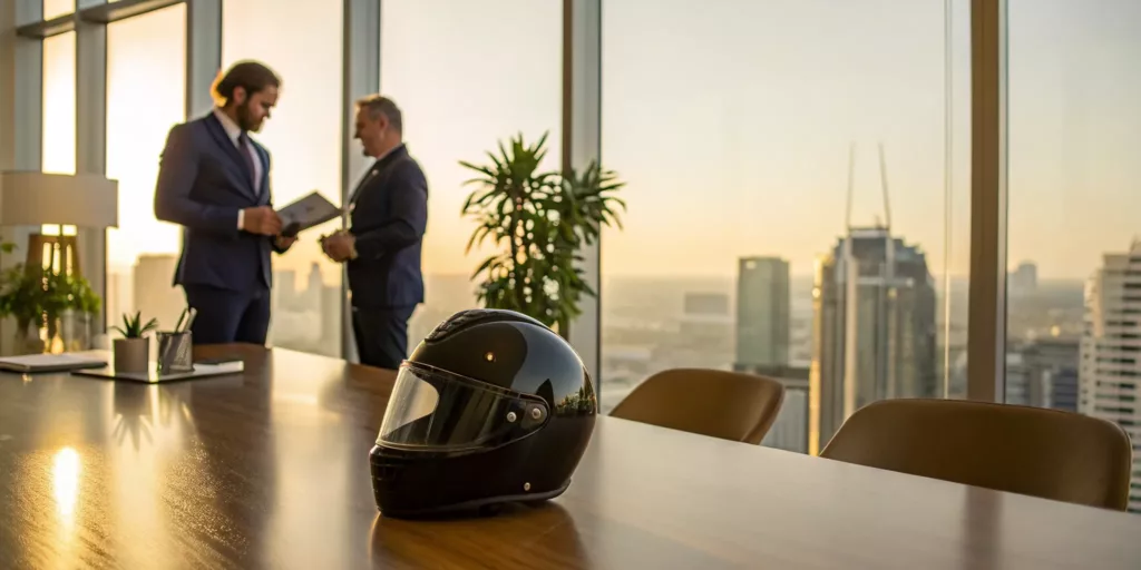Motorcycle accident attorneys discussing a case with a helmet on the desk.