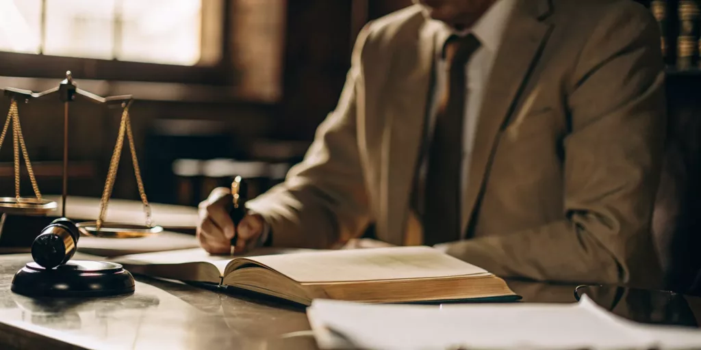 Personal injury attorney reviewing settlement documents and medical bills at a desk in a professional law office