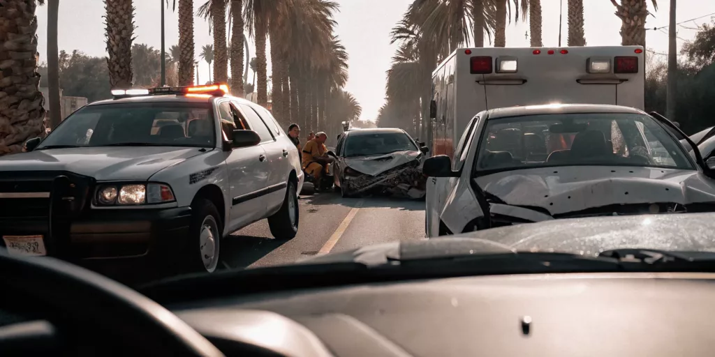 Car accident scene on a Florida highway with emergency vehicles and palm trees